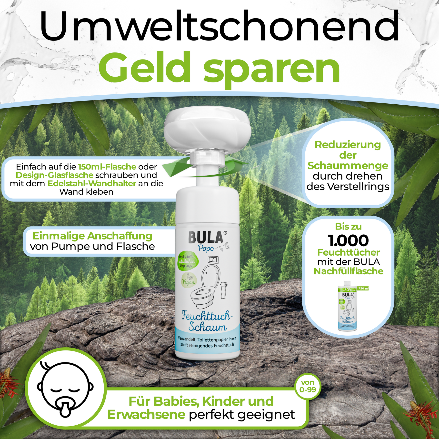BULA Popo Blumen-Schaumpumpe inkl. selbstklebende Halterung (OHNE NOTWENDIGE BULA POPO SCHAUM 150 ml FLASCHE)